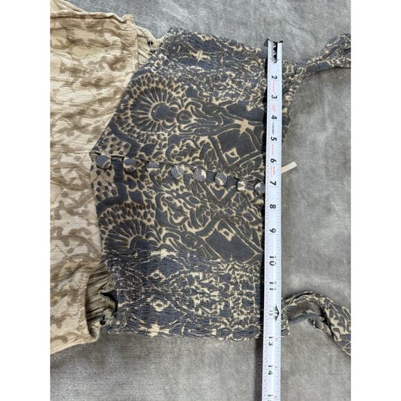 Free People Boho Smocked Wide-Leg Jumpsuit XS Blue Beige Floral Tie Straps - Picture 9 of 11